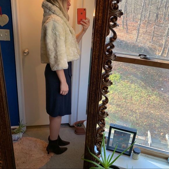 Vintage cream faux fur crop jacket shawl collar S - Picture 6 of 10